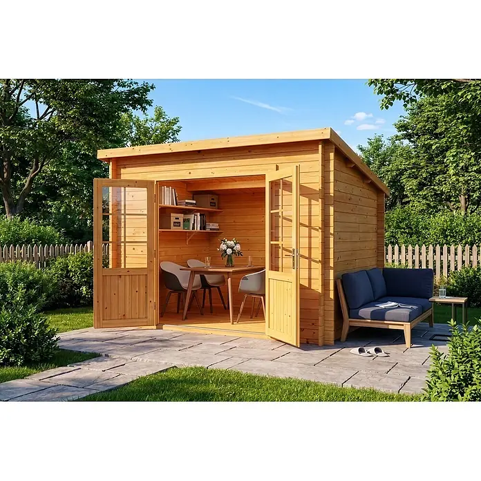 Alpholz Gartenhaus Maria - Außenmaß inkl. Dachüberstand (B x T): 300 x 272 cm, Holz, Pinie - Hölzernes Gartenhaus mit geöffneten Türen, innen als Büro/Essbereich und außen als Loungebereich eingerichtet.