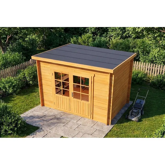 Alpholz Gartenhaus Maria - Außenmaß inkl. Dachüberstand (B x T): 300 x 272 cm, Holz, Pinie - Holzhütte mit Doppeltüren und schwarzem Dach auf einer gepflasterten Terrasse.
