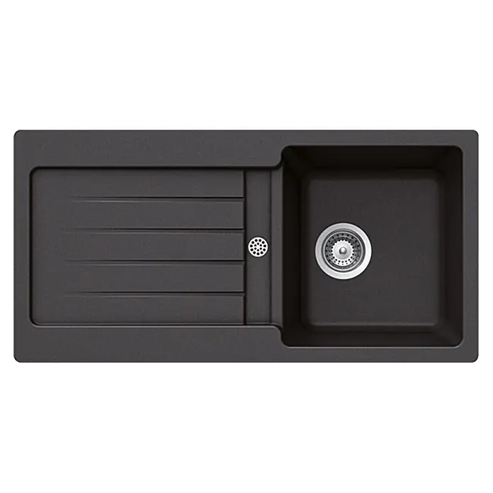Admiral Einbauspüle Zako - B x L: 86 x 43,5 cm, Nero - Eine moderne, rechteckige Küchenspüle in dunkler Farbe mit Abtropffläche und einem runden Abfluss. Ideal für jede Küche!