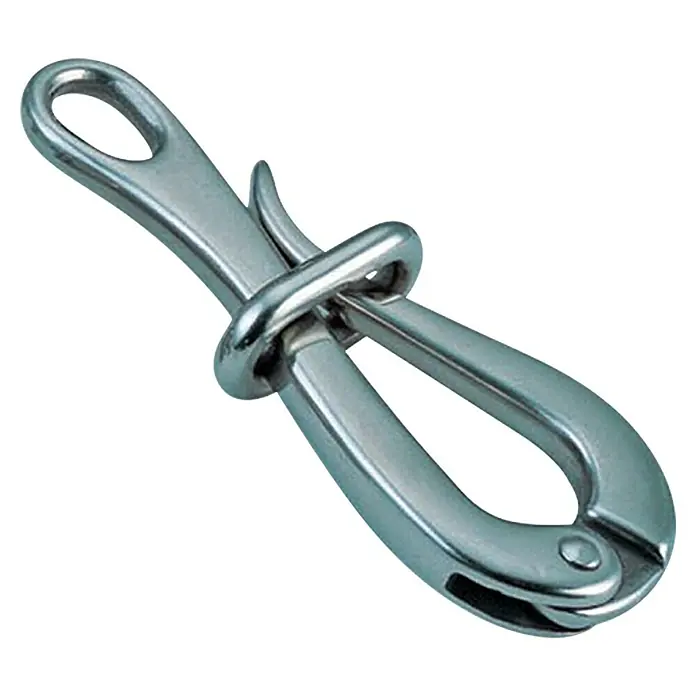 Pelikanhaken - Durchmesser: 18 mm, Länge: 100 mm, Edelstahl, A4 - Ein hochglanzpolierter, silberner Schäkelhaken aus Edelstahl mit Drehgelenk. Ideal für Segelzubehör.