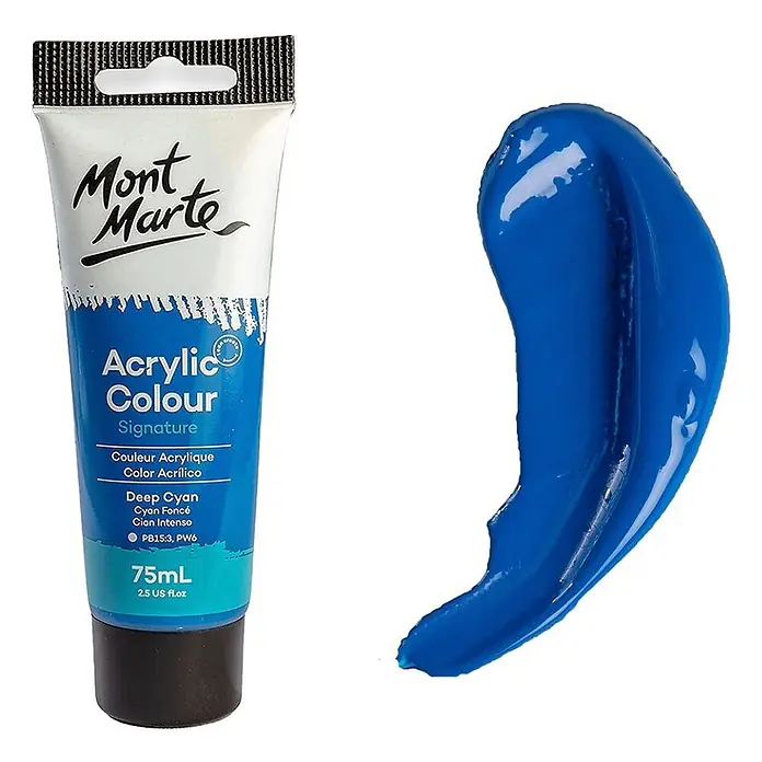 Mont Marte Acrylfarbe Signature - Dunkles Cyanblau, 75 ml, Tube - Mont Marte Tief Cyan Acrylfarbtube und ein Farbmuster der leuchtend blauen Farbe.
