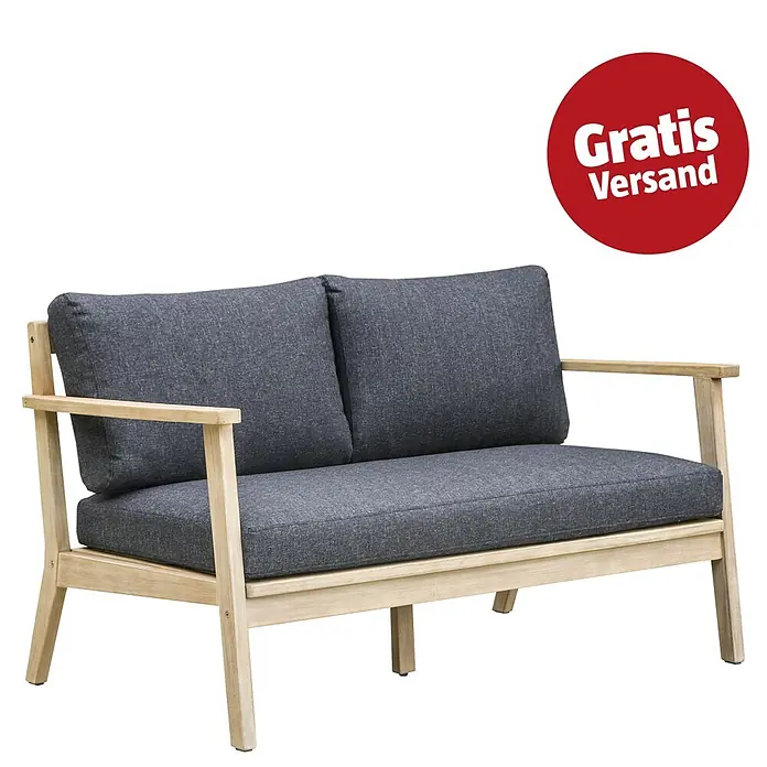 Sunfun Kathrin Loungesofa - B x T x H: 133 x 81 x 78 cm, Akazie, Olefin, Anthrazit/Braun - Zweisitzer-Sofa mit hellem Holzrahmen und dunkelgrauen Kissen.
