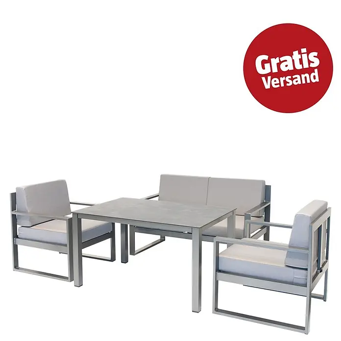 Loungemöbel-Set - 4 -tlg., Aluminium, HPL, Olefin, Hochdruck-Schichtpressstoff (HPL), Anthrazit - Gartenlounge-Set mit grauem Metalltisch, zwei Sesseln und einem Zweisitzer-Sofa mit hellgrauen Kissen.