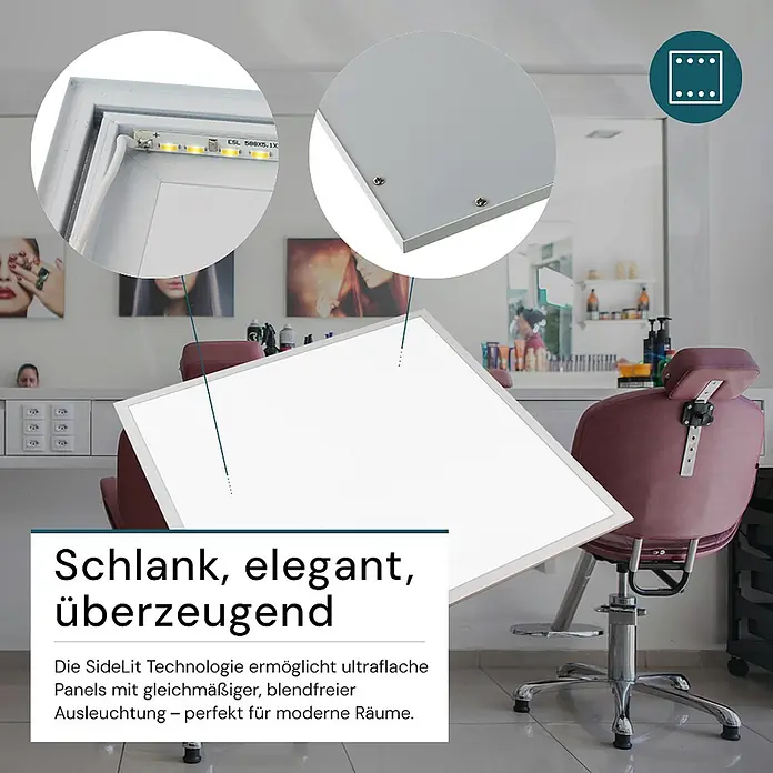Luxula LED-Panel - 36 W, Weiß, Kaltweiß - Flaches LED-Panel mit SideLit-Technologie und silbernem Rahmen für gleichmäßige Beleuchtung.