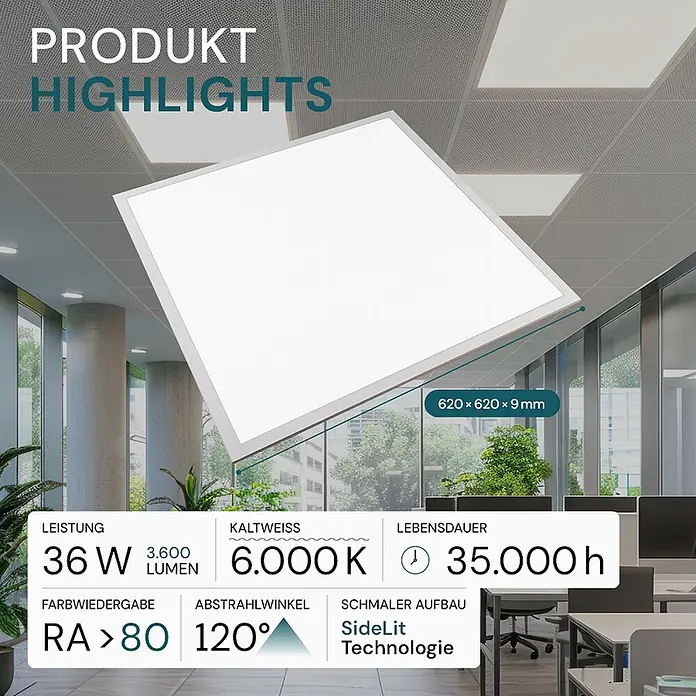 Luxula LED-Panel - 36 W, Weiß, Kaltweiß - Quadratische weiße LED-Panel-Leuchte in einem modernen Büroumfeld mit Produktdetails.