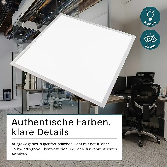 Luxula LED-Panel - 36 W, Weiß, Kaltweiß - Rechteckige LED-Panel-Leuchte, weiß mit Silberrahmen, in einem Büro gezeigt. Bietet 6000K, RA>80 für augenfreundliches Licht.