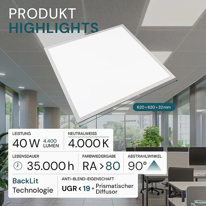 Luxula LED-Panel - 40 W, Weiß, Warmweiß - Quadratisches LED-Panel mit weißem Diffusor und grauem Rahmen, als Deckenleuchte in einem modernen Büro installiert.