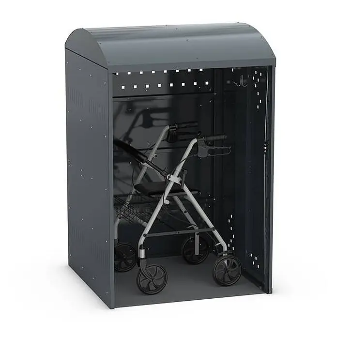 WSM Fahrradgarage Rollatorbox Bogendach - Anthrazit - Dunkelgrauer Metall-Geräteschrank mit gewölbtem Dach, der einen silber-schwarzen Rollator beherbergt.