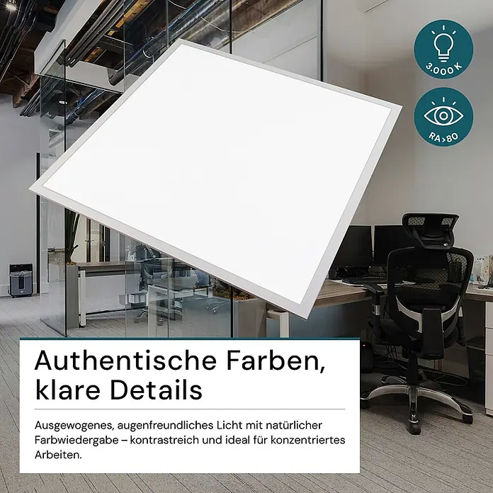 Luxula LED-Panel - 36 W, Weiß, Warmweiß - Weißes quadratisches LED-Panel, das ein modernes Büro beleuchtet.