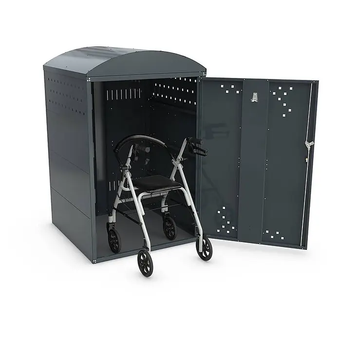 WSM Fahrradgarage Rollatorbox Bogendach - Anthrazit - Dunkelgrauer Metallschuppen mit gewölbtem Dach, für Mobilitätshilfen, mit einem weißen Rollator darin.