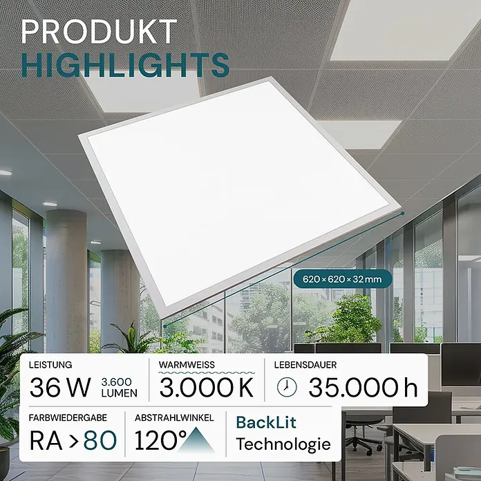Luxula LED-Panel - 36 W, Weiß, Warmweiß - Quadratische, weiße LED-Deckenleuchte, 620x620x32mm, in Büroumgebung mit technischen Daten.