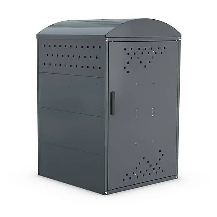 WSM Fahrradgarage Rollatorbox Bogendach - Anthrazit - Dunkelgrauer Metall-Mülltonnenbox mit abgerundetem Dach und perforierter Lüftung an Seiten und Tür, mit schwarzem Griff.