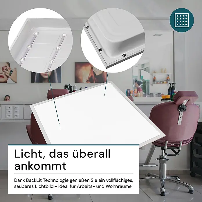 Luxula LED-Panel - 36 W, Weiß, Warmweiß - Weißes, quadratisches LED-Panel mit sichtbaren LED-Streifen und Rückseite, in Büro-/Salonumgebung gezeigt.