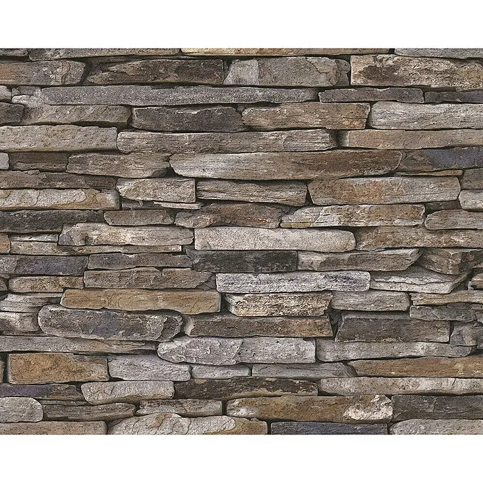 A.S. Création Papel pintado de vellón Wood-n-Stone - Beige/Marrón/Gris, Efecto piedra, 10,05 x 0,53 m - Detalle de una pared de piedra rústica. Las piedras irregulares en varios tonos de gris y marrón proporcionan un aspecto natural.