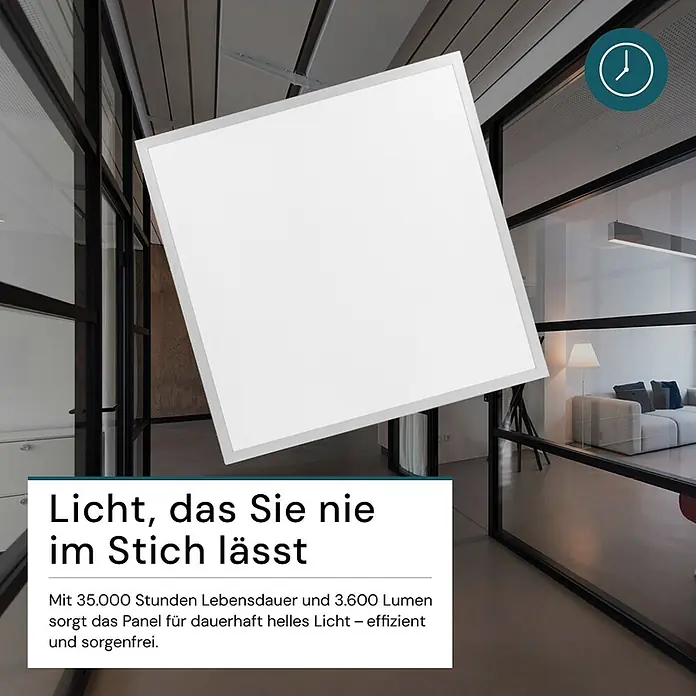 Luxula LED-Panel - 36 W, Weiß, Warmweiß - Quadratisches LED-Panel mit weißer Leuchtfläche und hellem Rahmen, in modernem Büroumfeld.