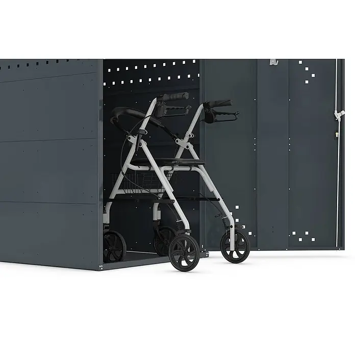 WSM Fahrradgarage Rollatorbox Bogendach - Anthrazit - Dunkelgrauer Geräteschuppen mit weiß-schwarzem Rollator darin. Bietet sichere Aufbewahrung für Gehhilfen.