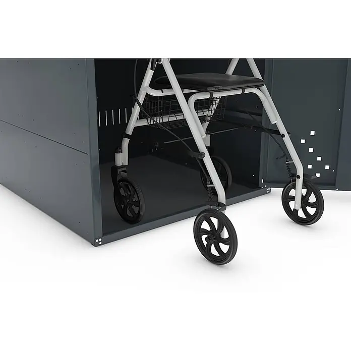 WSM Fahrradgarage Rollatorbox Bogendach - Anthrazit - Weißer Rollator mit schwarzem Sitz und Korb, teilweise in einer dunkelgrauen Metallaufbewahrungsbox.