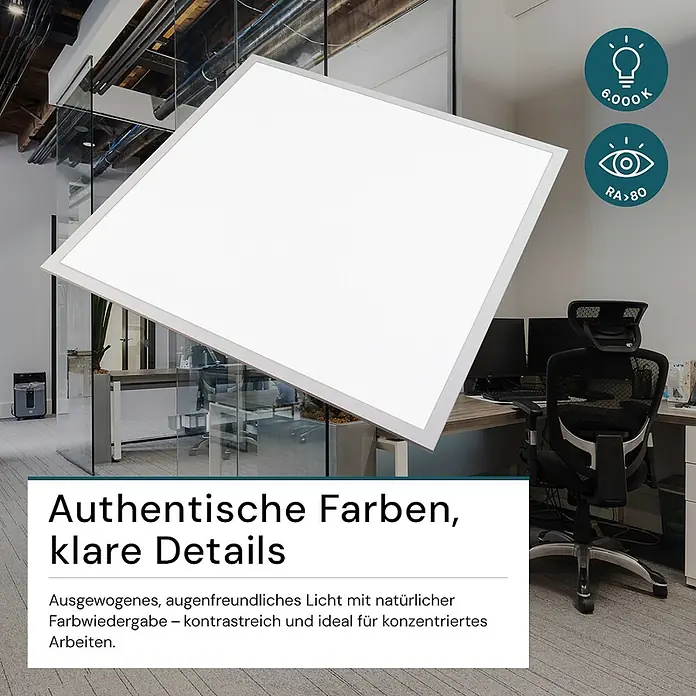 Luxula LED-Panel - 40 W, Weiß, Kaltweiß - Großes, weißes quadratisches LED-Panel, das helle, ausgewogene Beleuchtung in einem modernen Büro bietet.