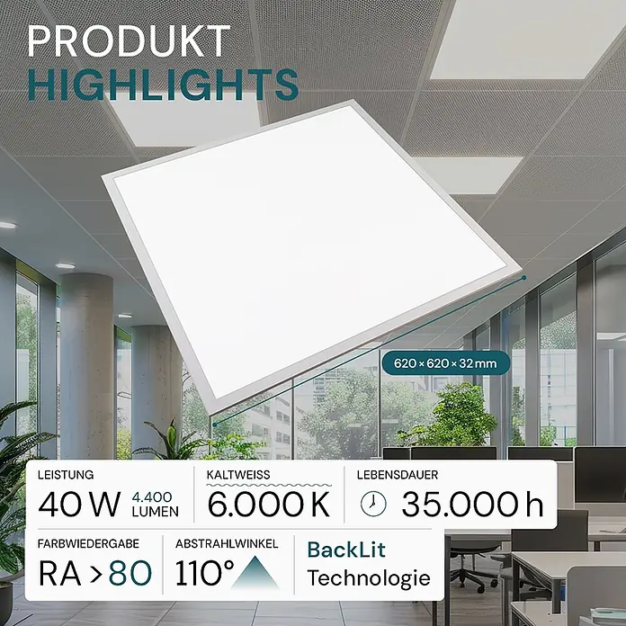 Luxula LED-Panel - 40 W, Weiß, Kaltweiß - Weißes quadratisches LED-Panel (620x620x32mm) zur Deckenmontage, in einem modernen Büro.