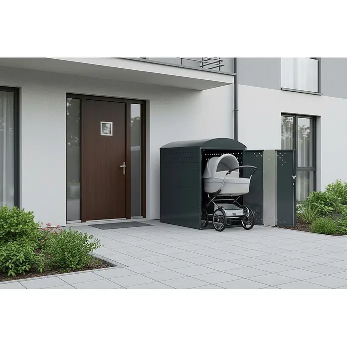 WSM Fahrradgarage Kinderwagenbox - Anthrazit - Dunkelgraue Outdoor-Staubox für Kinderwagen, neben einem modernen Hauseingang platziert.