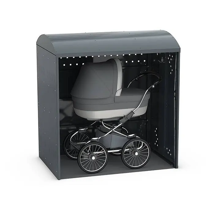 WSM Fahrradgarage Kinderwagenbox - Anthrazit - Dunkelgrauer Metall-Abstellschuppen, offen, zur sicheren Aufbewahrung eines grau-weißen Kinderwagens.