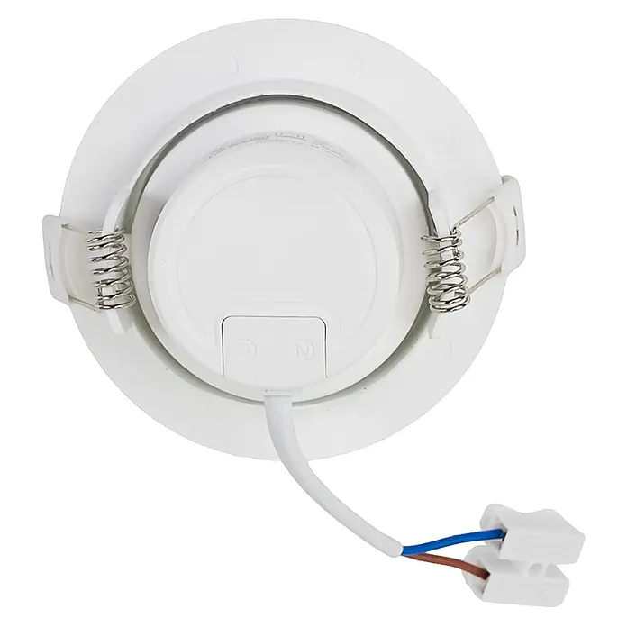 Luxula Wand- & Deckenspot LUXULA LED Downlight schwenkbar Set - 5 W, Ø x H: 9 x 5 cm, Weiß, Warmweiß - Weiße LED-Einbauleuchte, Rückansicht, mit Federklammern und Anschlusskabel mit Klemme.