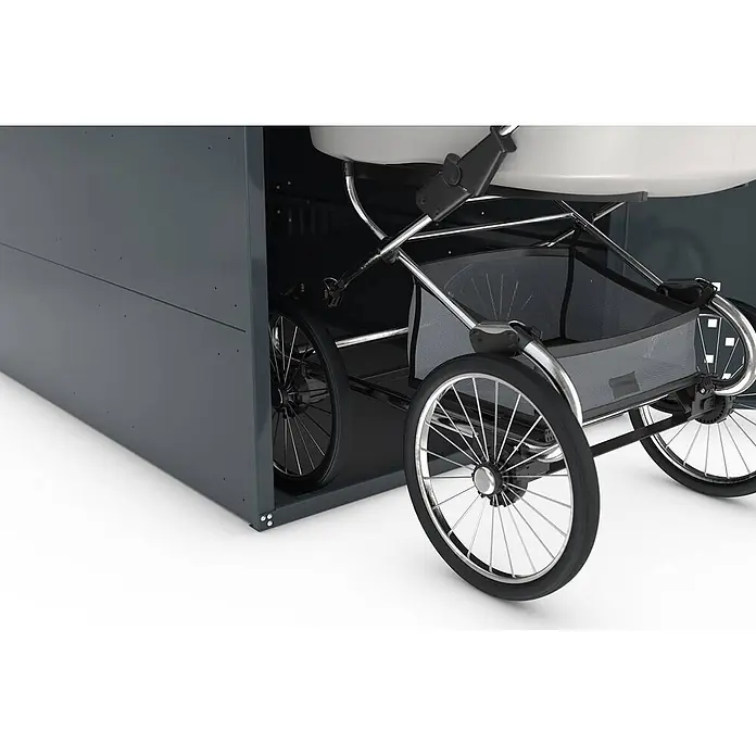 WSM Fahrradgarage Kinderwagenbox - Anthrazit - Dunkelgraue Aufbewahrungsbox mit teilweise darin abgestelltem Kinderwagen.