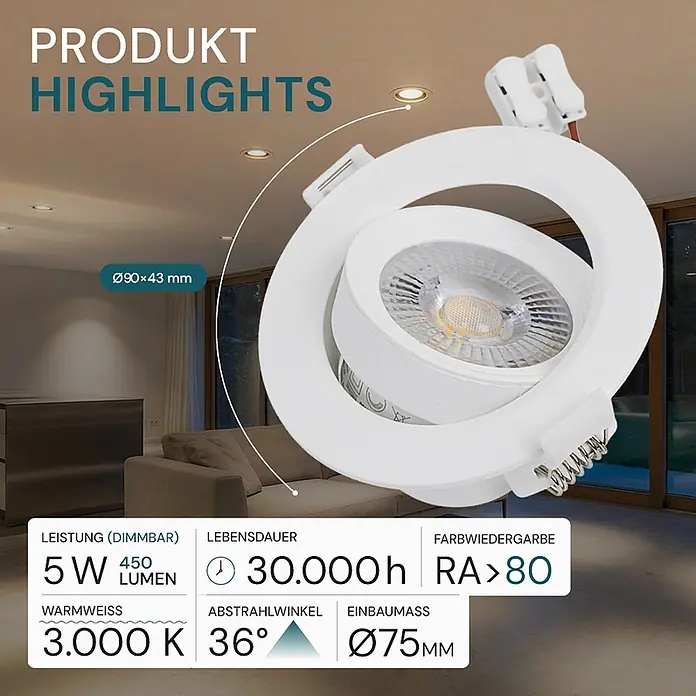 Luxula Wand- & Deckenspot LUXULA LED Downlight schwenkbar Set - 5 W, Ø x H: 9 x 5 cm, Weiß, Warmweiß - Weißer, runder, verstellbarer LED-Einbaustrahler in einer modernen Wohnzimmerumgebung.
