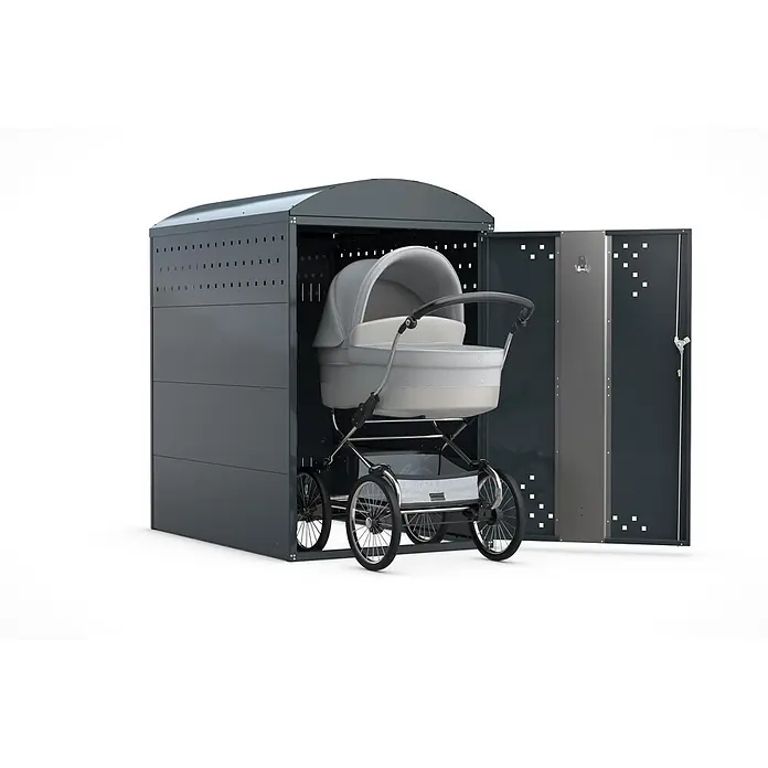 WSM Fahrradgarage Kinderwagenbox - Anthrazit - Dunkelgraues Metall-Outdoor-Lagerschrank mit einem hellgrauen Kinderwagen teilweise darin.