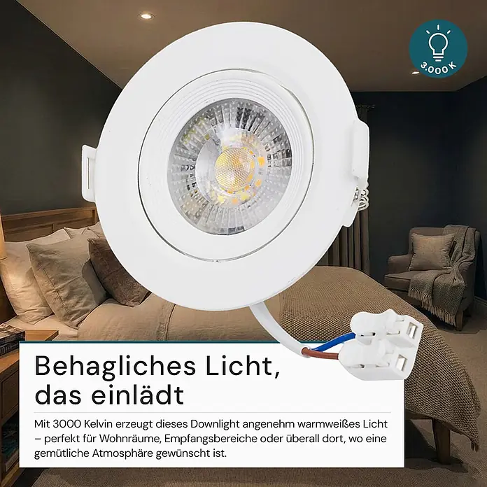 Luxula Wand- & Deckenspot LUXULA LED Downlight schwenkbar Set - 5 W, Ø x H: 9 x 5 cm, Weiß, Warmweiß - Weißes LED-Downlight mit 3000K warmweißem Licht und elektrischem Anschluss, in einer Schlafzimmereinstellung.