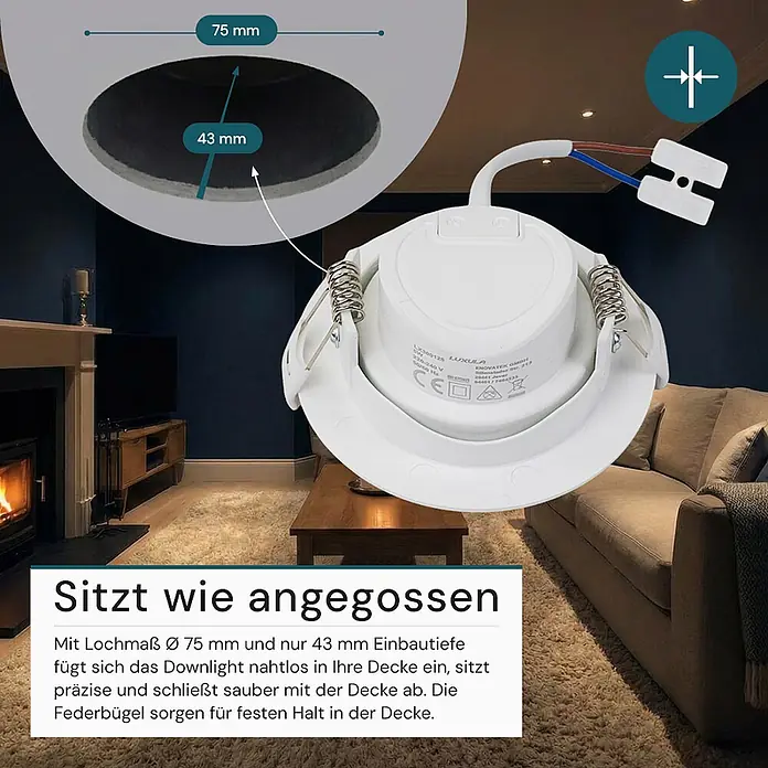 Luxula Wand- & Deckenspot LUXULA LED Downlight schwenkbar Set - 5 W, Ø x H: 9 x 5 cm, Weiß, Warmweiß - Weißer Einbaustrahler, 75mm Lochmaß, 43mm Einbautiefe, für passgenaue und nahtlose Deckenmontage.