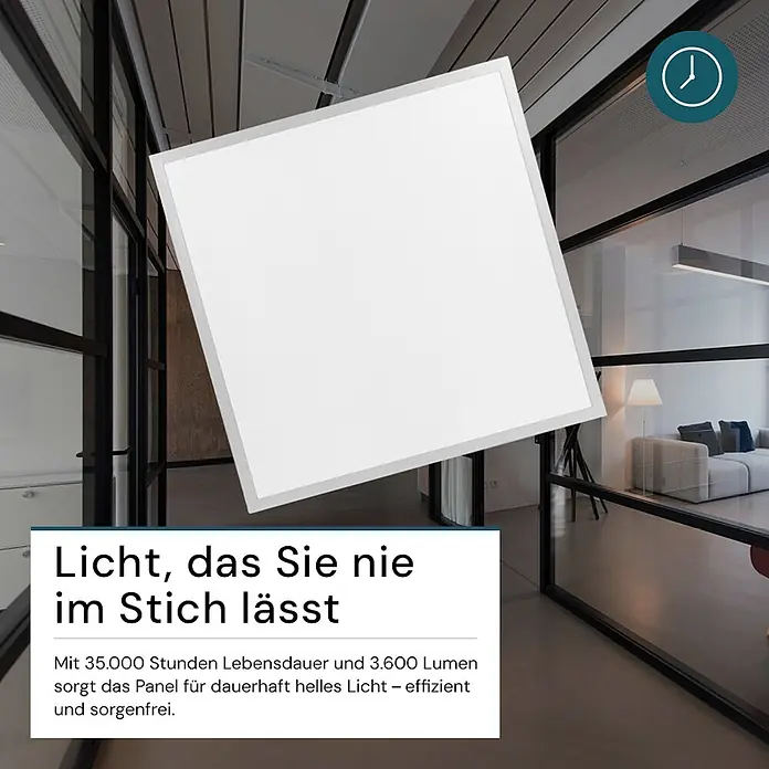 Luxula LED-Panel - 36 W, Weiß, Neutralweiß - Quadratisches weißes LED-Panel mit silbernem Rahmen für dauerhaft helles, effizientes Licht in modernen Innenräumen.
