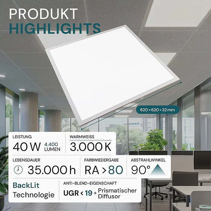 Luxula LED-Panel - 40 W, Weiß, Warmweiß - Quadratisches weißes LED-Panel in einer Bürodecke, zeigt Produktspezifikationen wie Leistung, Farbtemperatur und Abmessungen (620x620x32 mm).