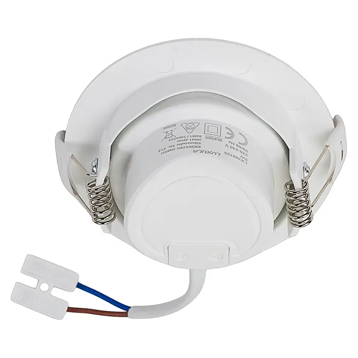 Luxula Wand- & Deckenspot LUXULA LED Downlight schwenkbar Set - 5 W, Ø x H: 9 x 5 cm, Weiß, Warmweiß - Rückansicht eines weißen LED-Einbaustrahlers mit Federklammern und Zweipolstecker zur Installation.