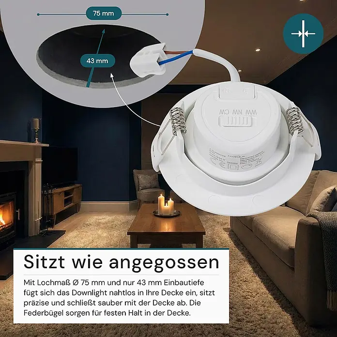 Luxula Wand- & Deckenspot LUXULA LED Downlight schwenkbar Set - 7 W, Ø x H: 9 x 5 cm, Weiß, Mehrfarbig - Weißes LED-Einbau-Downlight mit 75mm Lochausschnitt und 43mm Einbautiefe zur Deckenintegration.