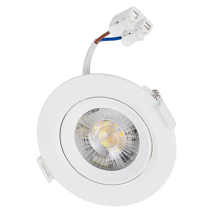 Luxula Wand- & Deckenspot LUXULA LED Downlight schwenkbar Set - 7 W, Ø x H: 9 x 5 cm, Weiß, Mehrfarbig - Weißer LED-Einbaustrahler mit integriertem Stromanschluss und braun/blauen Kabeln.
