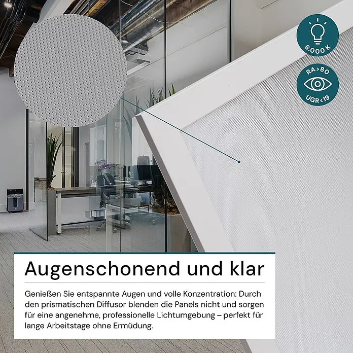Luxula LED-Panel - 36 W, Weiß, Kaltweiß - Weißes LED-Panel mit prismatischem Diffusor für blendfreie, augenschonende Bürobeleuchtung.
