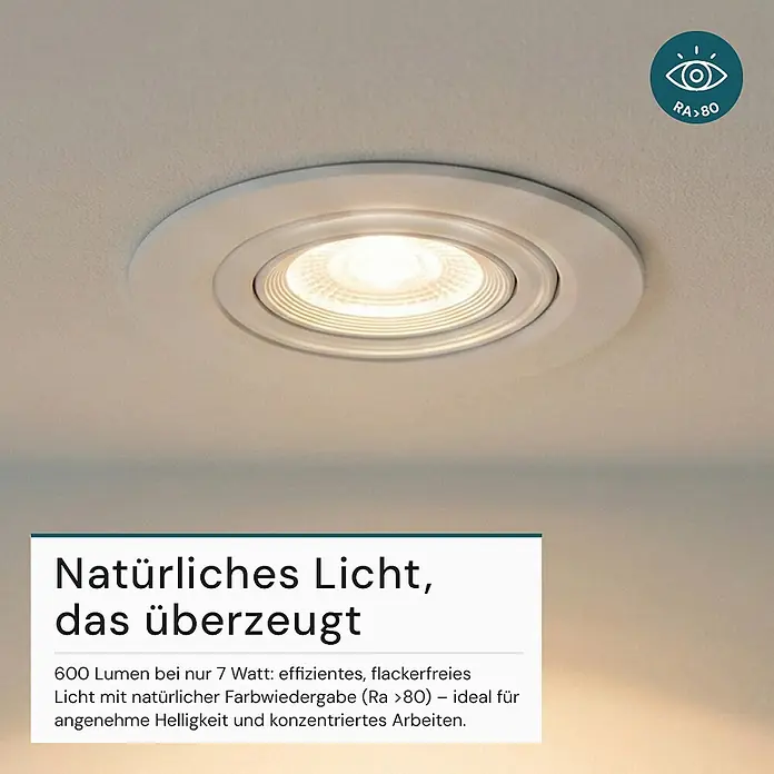 Luxula Wand- & Deckenspot LUXULA LED Downlight schwenkbar Set - 7 W, Ø x H: 9 x 5 cm, Weiß, Mehrfarbig - Weißer LED-Einbaustrahler in der Decke, strahlt warmes, natürliches Licht mit hohem Farbwiedergabeindex (Ra > 80) aus.
