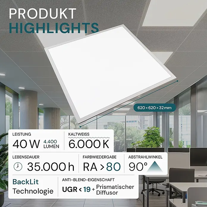 Luxula LED-Panel - 40 W, Weiß, Warmweiß - Quadratisches weißes LED-Deckenpaneel (620x620x32 mm) in einer modernen Büroumgebung.