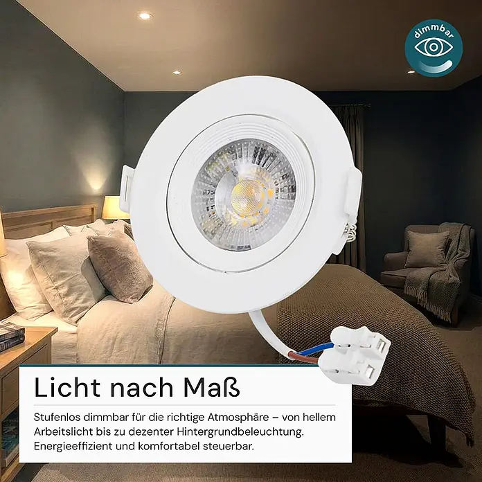 Luxula Wand- & Deckenspot LUXULA LED Downlight schwenkbar Set - 7 W, Ø x H: 9 x 5 cm, Weiß, Mehrfarbig - Weißer dimmbarer LED-Einbaustrahler mit sichtbarem elektrischen Anschluss, vor verschwommenem Schlafzimmerhintergrund.