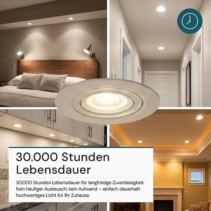 Luxula Wand- & Deckenspot LUXULA LED Downlight schwenkbar Set - 7 W, Ø x H: 9 x 5 cm, Weiß, Mehrfarbig - Beleuchteter weißer Einbaustrahler, in verschiedenen Wohnräumen gezeigt, mit Betonung der Langlebigkeit.