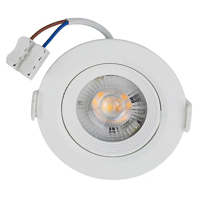 Luxula Wand- & Deckenspot LUXULA LED Downlight schwenkbar Set - 7 W, Ø x H: 9 x 5 cm, Weiß, Mehrfarbig - Weißer runder LED-Einbaustrahler mit sichtbarer brauner und blauer Verkabelung, verbunden mit einem weißen Klemmenblock.