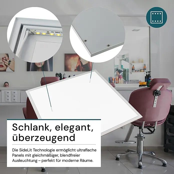 Luxula LED-Panel - 36 W, Weiß, Neutralweiß - Ultraflaches LED-Panel mit SideLit Technologie für gleichmäßige, blendfreie Ausleuchtung, im modernen Raum gezeigt.