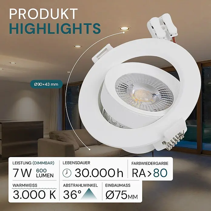Luxula Wand- & Deckenspot LUXULA LED Downlight schwenkbar Set - 7 W, Ø x H: 9 x 5 cm, Weiß, Mehrfarbig - Weißer, runder, verstellbarer LED-Einbaustrahler, nah gezeigt, mit dezentem Raumhintergrund, der seine Deckenmontage illustriert.