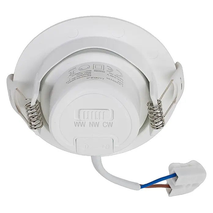 Luxula Wand- & Deckenspot LUXULA LED Downlight schwenkbar Set - 7 W, Ø x H: 9 x 5 cm, Weiß, Mehrfarbig - Weiße LED-Einbauleuchte von hinten, mit Federklammern, WW/NW/CW Farbtemperaturschalter und Anschlusskabel.