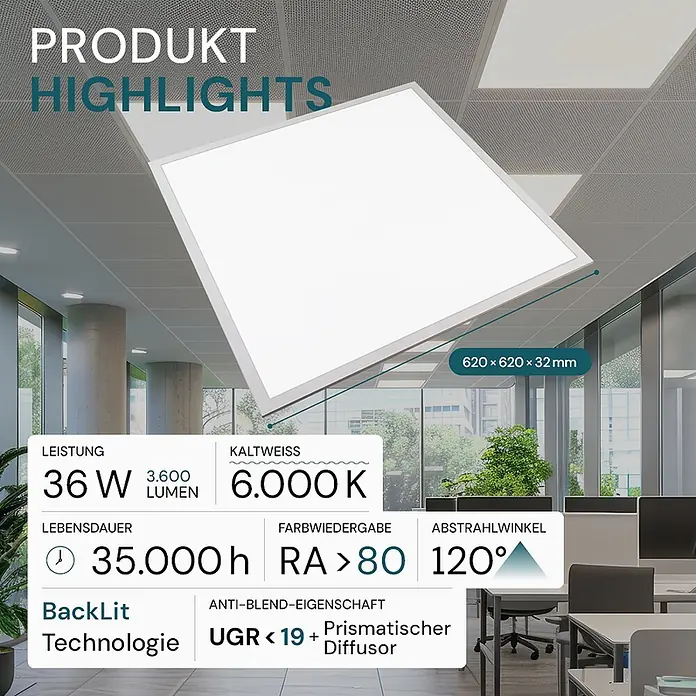 Luxula LED-Panel - 36 W, Weiß, Kaltweiß - Flaches, quadratisches LED-Panel in Weiß mit schlankem Rahmen, in eine Bürodecke integriert.
