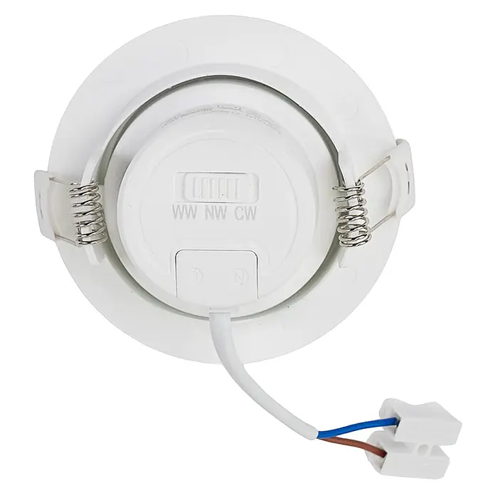 Luxula Wand- & Deckenspot LUXULA LED Downlight schwenkbar Set - 7 W, Ø x H: 9 x 5 cm, Weiß, Mehrfarbig - Weißer LED-Einbaustrahler, Rückansicht mit Farbtemperaturschalter (WW/NW/CW), Federn und elektrischem Anschluss.