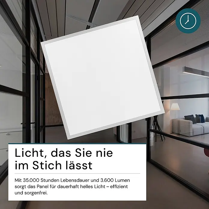 Luxula LED-Panel LED Panel - 36 W, Weiß, Weiß, Kaltweiß - Ein quadratisches, weißes LED-Panel leuchtet ein modernes Büro hell aus.