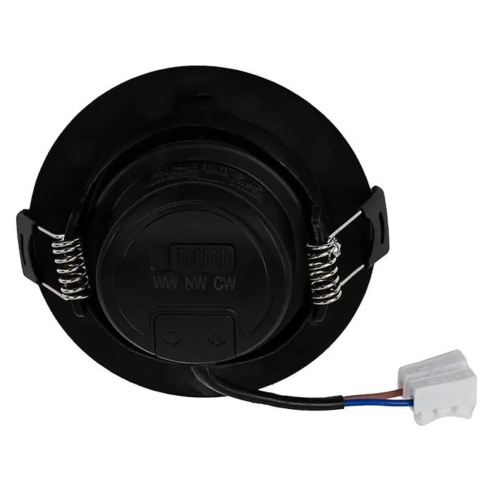 Luxula Wand- & Deckenspot LUXULA LED Downlight schwenkbar Set - 7 W, Ø x H: 9 x 5 cm, Schwarz, Mehrfarbig - Rückseite eines schwarzen Einbau-LED-Spots mit Farbtemperaturwahl (WW, NW, CW), Federklemmen und Stromanschluss.