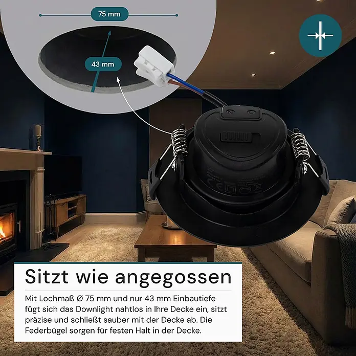 Luxula Wand- & Deckenspot LUXULA LED Downlight schwenkbar Set - 7 W, Ø x H: 9 x 5 cm, Schwarz, Mehrfarbig - Schwarzes Downlight mit Einbaufedern, zeigt 75mm Lochmaß und 43mm Einbautiefe, vor Wohnzimmerhintergrund.